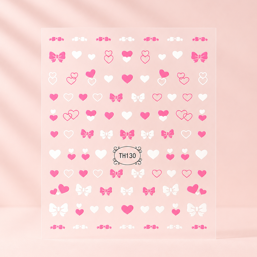 Nail art stickervel met roze en witte hartjes en strikjes (bows)