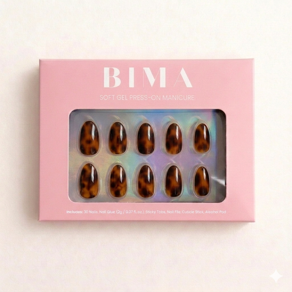 ovale plaknagels in de BIMA Nails verpakking met een tortoise design