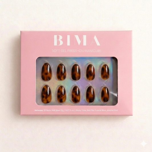 ovale plaknagels in de BIMA Nails verpakking met een tortoise design