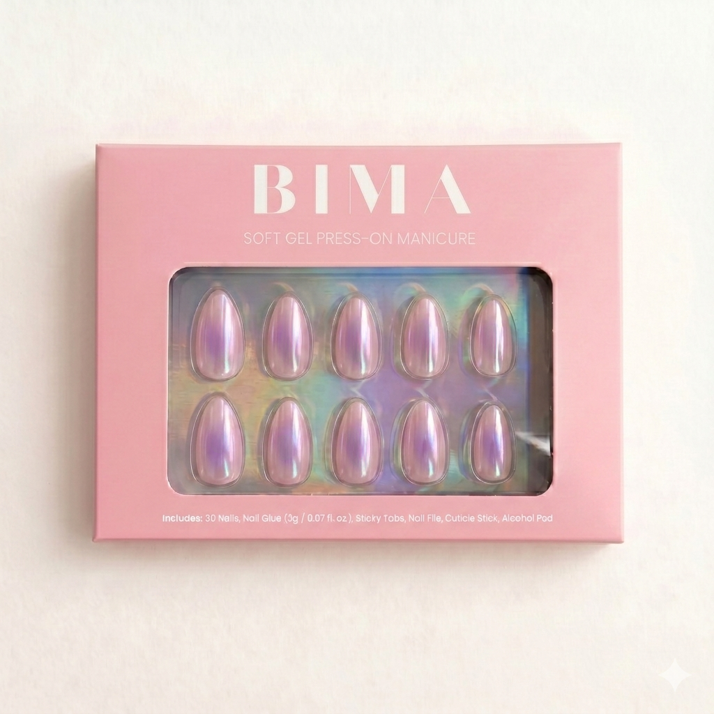 Almond press-on nagels met een lila paarse aura design in de verpakking