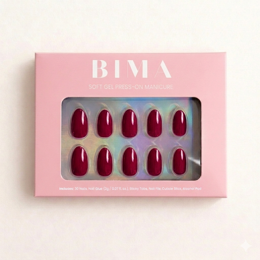 Plaknagels in de BIMA verpakking. Een effen berry (rood/roze) kleur design in ovale vorm 