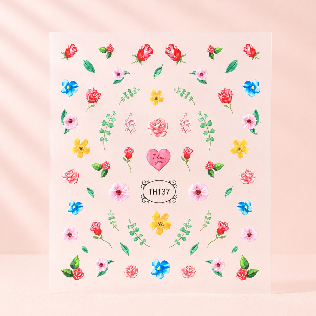 Nail Art nagelstickers met een bix van bloemen, rozen, bladen en een hart. 