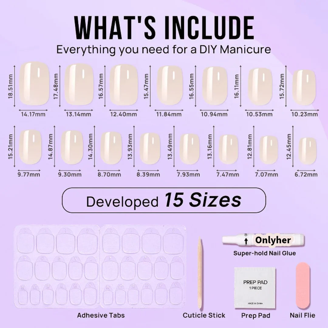 Inhoud: je ontvangt 30 nagels in 15 verschillende maten, nagellijm, houten bokkenpootje, alcoholdoekje, mini nagelvijl en sticky tabs (nagellijm stickers hiermee zijn ze herbruikbaar, blijft iets minder lang zitten dan de nagellijm)