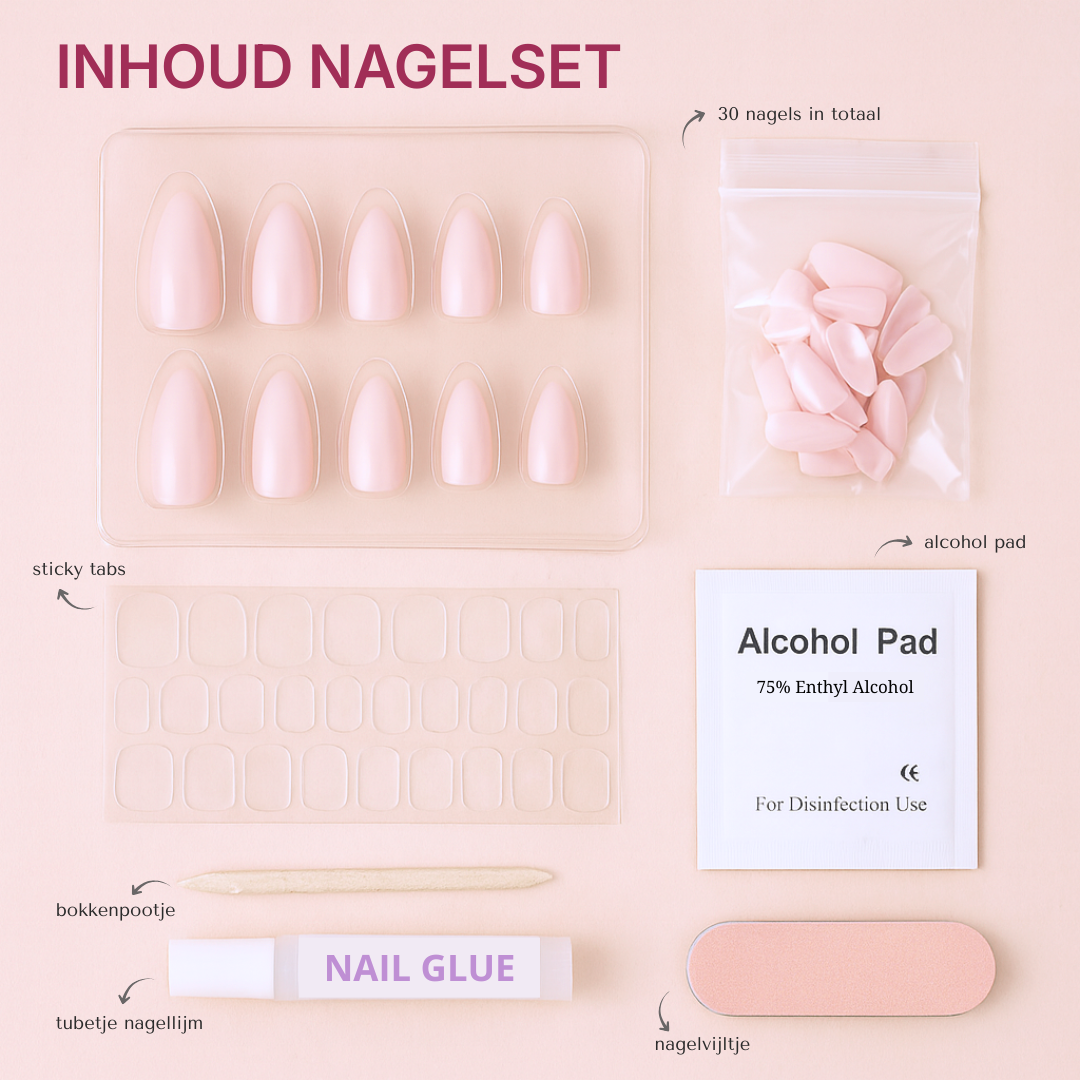overzicht van de inhoud van een nagelset: 30 press-on nagels, 1 velletjes sticky tabs, klein tubetje nagellijm, mini nagelvijl, houten bokkenpootje en een alcoholdoekje.