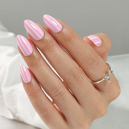 Licht roze met wit gestreepte soft gel press-on nagels in almond vorm 